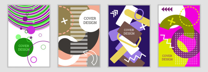 Poster - Bright background in Memphis style. Set of geometric cover designs. Fashionable bright cover, banner, poster, booklet. Bright colors. Vector