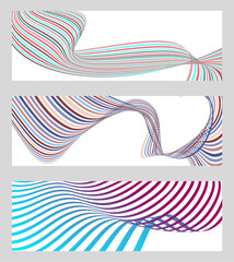 Poster - Wavy lines or ribbons. Set of 3 backgrounds. Multicolored striped gradient. Creative unusual background with abstract gradient wave lines to create a trendy banner, poster. vector eps