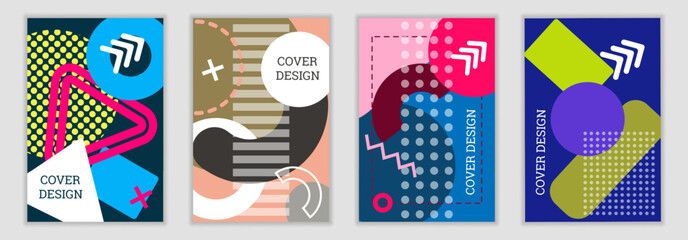 Poster - Bright background in Memphis style. Set of geometric cover designs. Fashionable bright cover, banner, poster, booklet. Bright colors. Vector