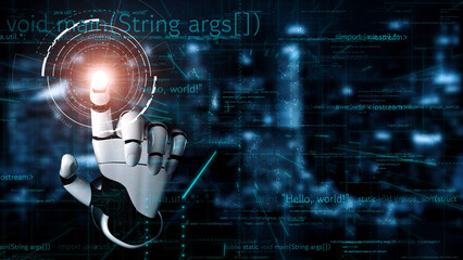 Aufkleber - A robotic hand reaches out to a glowing digital interface filled with programming code, illustrating the interaction between technology and human-like systems in a high-tech setting. Xenic