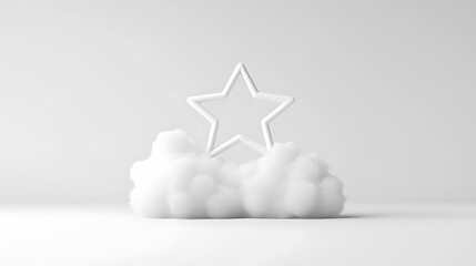 Poster - All-white minimalist conceptual image. A hollow star sits nestled among soft, fluffy clouds, creating a dreamy, ethereal effect. Simplicity and elegance defined.