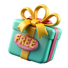 Leinwandbilder - A teal gift box with a gold bow and free label is isolated on transparent background