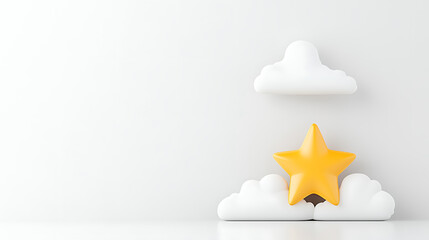Poster - A whimsical scene of a star resting on clouds against a white backdrop, evokes a sense of calm, wonder, and dreams. A delightful image full of positivity.