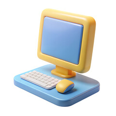 Leinwandbilder - A yellow and blue cartoon computer with keyboard and mouse is isolated on transparent background