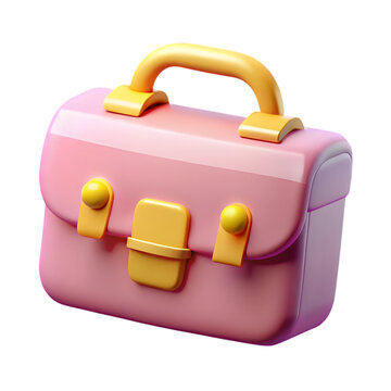 A cute pink cartoon briefcase with a yellow handle is isolated on transparent background