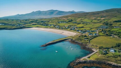 Wall Mural - aerial view of a small coastal town surrounded by sandy beach,