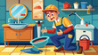 © Iryna - Cartoon plumber in uniform and hard hat fixing a broken sink in a colorful bathroom interior with tools and pipes around