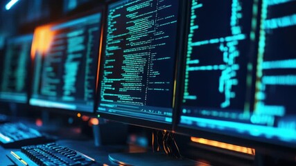 Poster - A row of computer monitors sitting on a desk, great for office or home use
