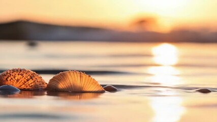 Wall Mural - coastline scene with shells and sand at sunset, great for travel or nature images