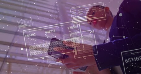 Poster - Woman holding smartphone in corporate office activating HUD panels showing readouts and nodes