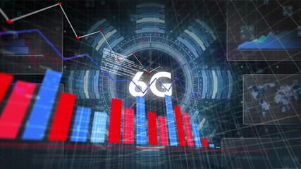 Poster - Grid receding into dark blue space, bars pulsing and line chart tracing 6G network growth