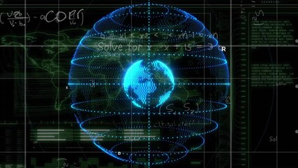 Poster - Sphere appearing causing rings rotating annotations fading and code scrolling visualizing data