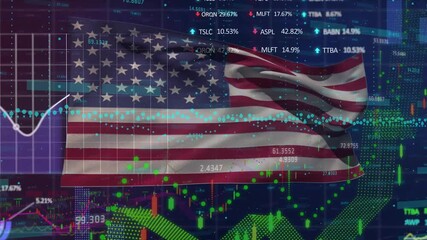 Poster - Flag billowing starting market visualization with rising yellow trend streaming dots and bars