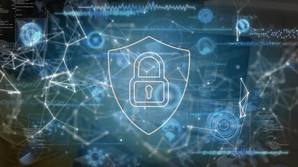 Poster - Padlock shield materializing on PC startup and network nodes connecting with globe for security