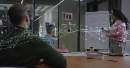 Poster - Presenter starting business meeting mapping key terms on chart and explaining data to colleagues