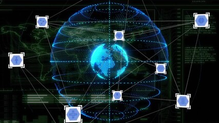 Poster - Sequence opening rotating blue wireframed globe scanning rings and shifting icons for network sync