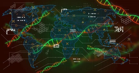 Poster - Starting with bicolored DNA helix shapes drifting in world map interface forming grids mapping data