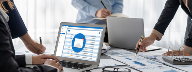 Poster - Business intelligence and data analysis concept. Analyst team working on financial data analysis dashboard on laptop screen as marketing indication for effective business strategic planning. Insight