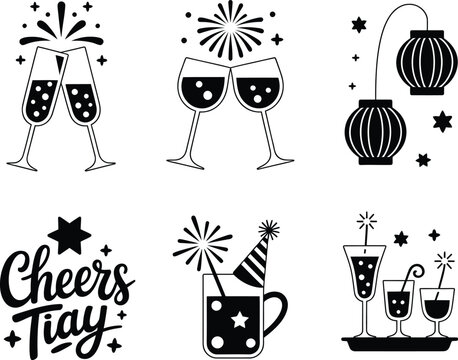 Celebration icons featuring champagne glasses fireworks lanterns and cheers text