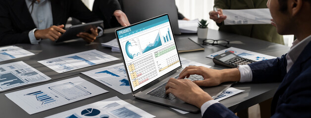Poster - Spreadsheet document information financial startup concept. data and graphs in spreadsheet documents for online analysis project dashboard accounting digital brisk