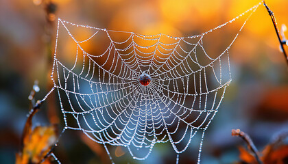 Spider web glistens with morning dew