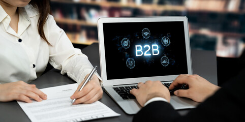 Poster - Business person navigates B2B landscape, harness technology to enhance business-to-business connections. Discover reshapes B2B interaction, driving innovation in business-to-businesses strategy. brisk