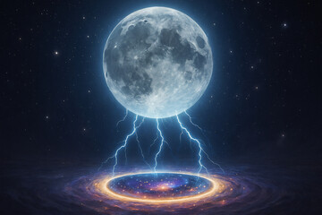 surreal moon connected by lightning wires to a glowing galactic port as if it’s recharging its light