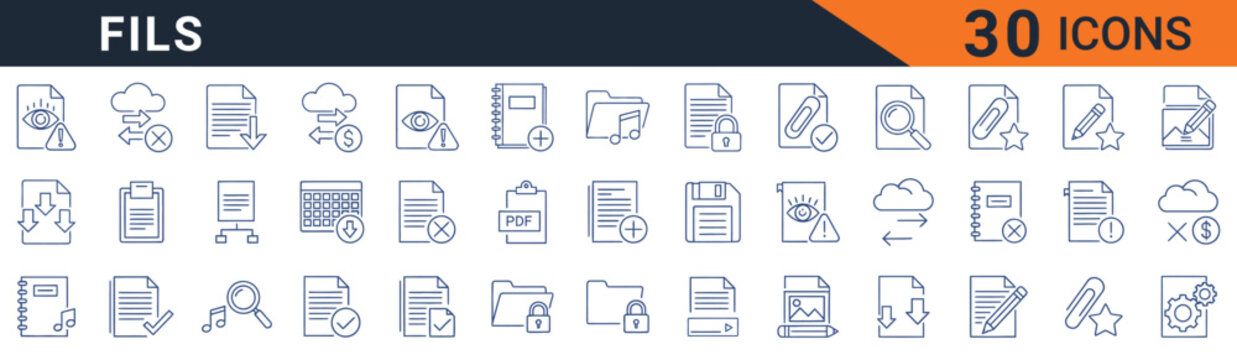 Unlock efficient data management with this versatile collection of 30 modern icons representing files, documents, cloud storage, security, and organization for seamless digital workflows and business 