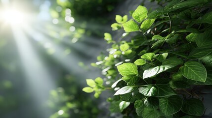 Poster - Lush Green Ivy Foliage Against Sunlit Wall with Intricate Textures