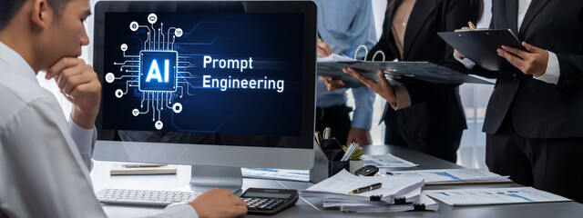 Poster - Business intelligence and data analysis concept. Analyst team working on financial data analysis dashboard on laptop screen as marketing indication for effective business strategic planning. Insight