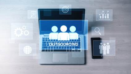 Poster - Outsourcing concept showing collaboration, delegation, global workforce, productivity, and task management through remote teams and external service providers Vouch