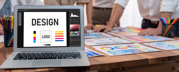 Fototapete - Graphic designer software for modern design of web page and commercial brisk ads showing on the computer screen