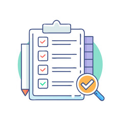 Aufkleber - A stylized clipboard with checklist, pencil, and magnifying glass icon illustration