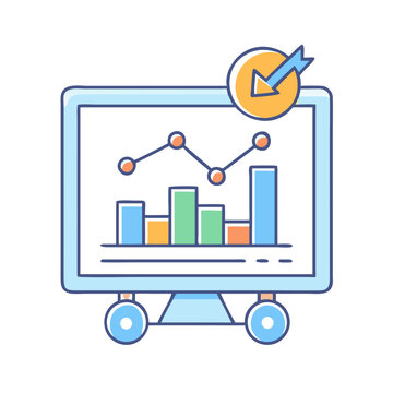 Cartoon Computer Screen Showing Business Analysis Data with Checkmark for Success