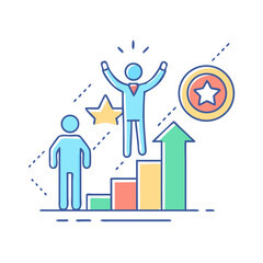 Poster - Cartoon illustration showing career growth and success with a champion and ascending bars