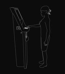 Fototapete - A woman in a dress stands at an ATM, entering her PIN on the keypad with one hand. The minimalist vector illustration features white outlines on a black background, highlighting the silhouette