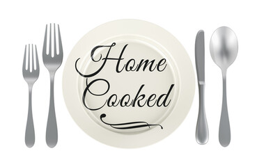 Poster - Home cooked concept with plate with cutlery. 3D rendering
