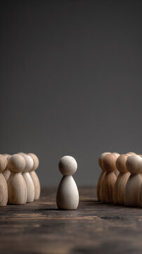 Wooden figures standing apart on a dark wooden surface people separation