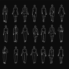 Poster - Outlines of people walking in various poses stand out in white against a black background. The clean contours emphasize movement and simplicity. Perfect for minimalist designs or urban themes.