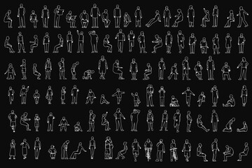 Poster - A large group of people in white contour poses stands out against a black background, creating a striking contrast. The set features diverse figures in dynamic positions.