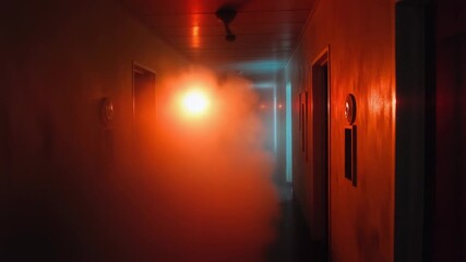 Poster - A long hallway with a bright red light in the middle, perfect for a dramatic or suspenseful scene