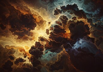 Fototapete - Abstract Cloudy Sky Art Orange, Yellow, and Dark Brown Cloudscape Texture and Design.