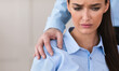 © Prostock-studio - Sexual Harassment. Boss Harassing Female Colleague Touching Her Shoulder Sitting At Work In Office. Cropped, Copy Space