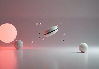 Fototapete - Modern 3D Render of a Floating White Macaron with Spheres and Particles, Minimalist Design.