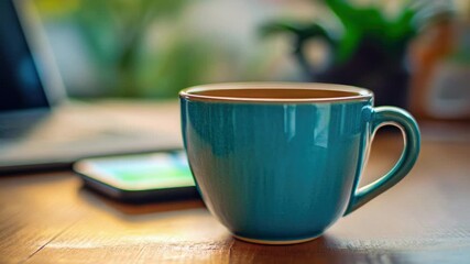 Poster - A coffee cup sits next to a laptop on a table, perfect for a workspace or office setting