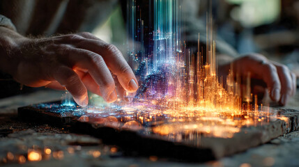 Poster - Hands interacting with a glowing digital tablet, with orange data bars and futuristic UI elements rising into the air in a tech-inspired composition