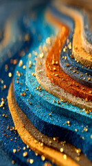 Poster - Close-up of textured topographic layers with rich blue and teal shades, adorned by scattered golden glitter particles