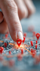 Poster - A finger points to a glowing spot on a digital map filled with 3D location pins and network routes, symbolizing navigation and technology