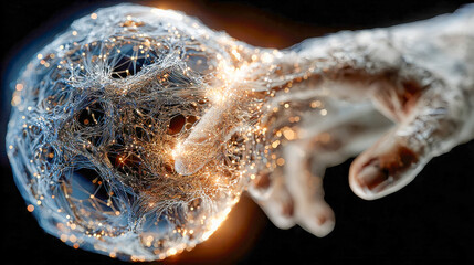 Poster - A futuristic artificial hand composed of wires and gold filaments gently touches a glowing, networked sphere representing AI energy