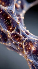 Poster - High-detail abstract visualization of golden spheres interconnected by fine filaments, representing digital networks or data flow